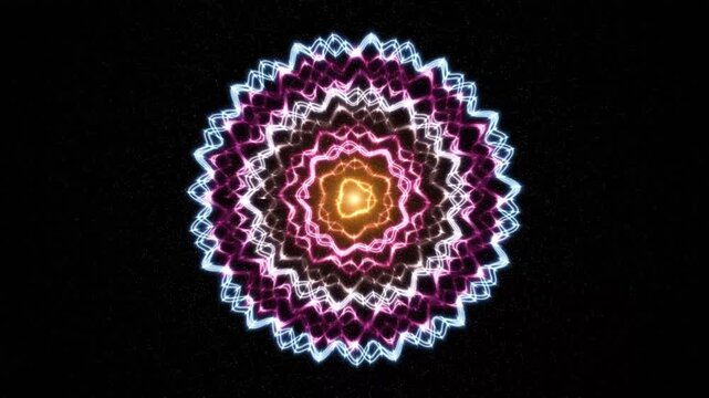 Abstract glowing neon mandala pattern with wavy light lines on a dark starry background