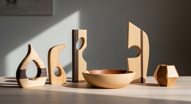 Wooden sculptures and bowl display