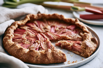 Fototapeta premium Rustic rhubarb galette with pink rhubarb ribbons on a silver plate