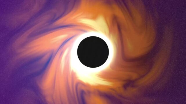 Abstract illustration of a black hole in deep space with swirling glowing orange and purple nebula