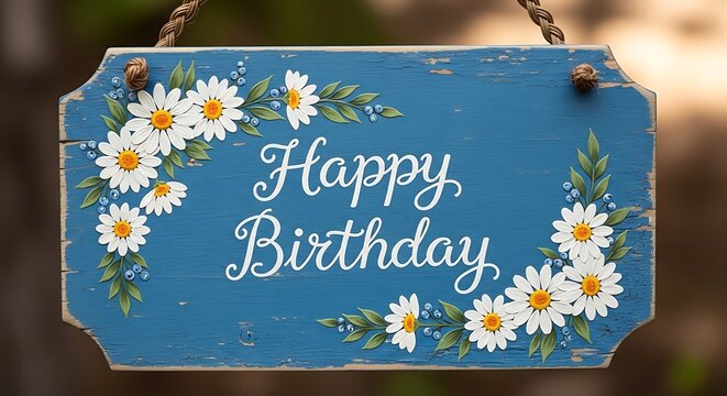 Blue wooden sign with white flowers and happy birthday message