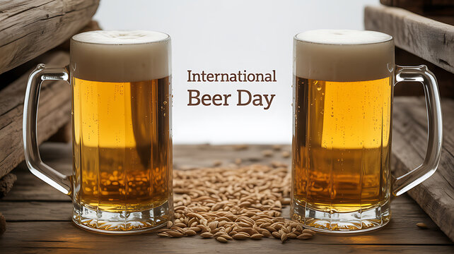 Two mugs of beer with foam on a wooden table surrounded by barley grains, celebrating International Beer Day