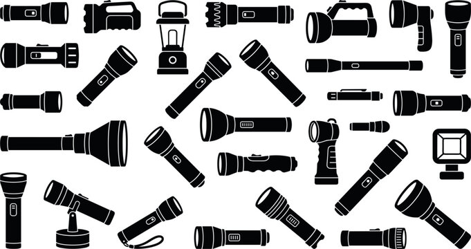 Collection of tactical flashlight silhouettes and portable camping lantern vector icons for emergency illumination outdoor survival equipment and adventure gear design