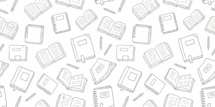 Books and notebooks hand drawn seamless pattern line art vector