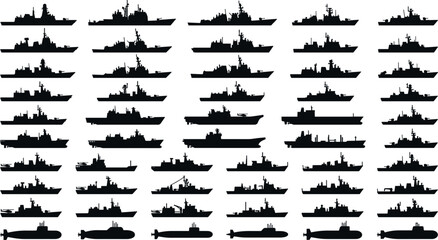 Naval warships silhouette vector set featuring military battleships cruisers amphibious assault ships and submarines for national defense graphic design resources © Mehedi