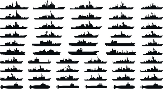 Naval warships silhouette vector set featuring military battleships cruisers amphibious assault ships and submarines for national defense graphic design resources