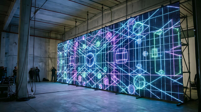 Digital art display screen featuring geometric lines and wireframe shapes in industrial warehouse setting.