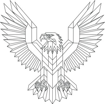 Black line art outline of a geometric bald eagle with spread wings in a low-poly vector style. Eagle wireframe vector design.