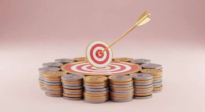 Bullseye on coins with dart, financial goal concept
