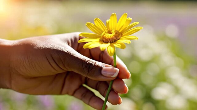 African hand holding bright yellow daisy flower outdoors