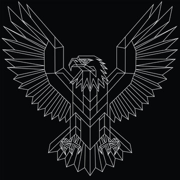 White line art outline of a geometric bald eagle with spread wings against a black background. Eagle wireframe vector design.