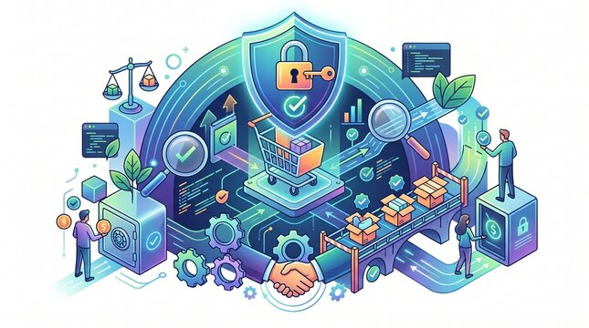 Digital Secure Online Shopping Concept with Shield and Padlock Icon in Isometric Vector Illustration