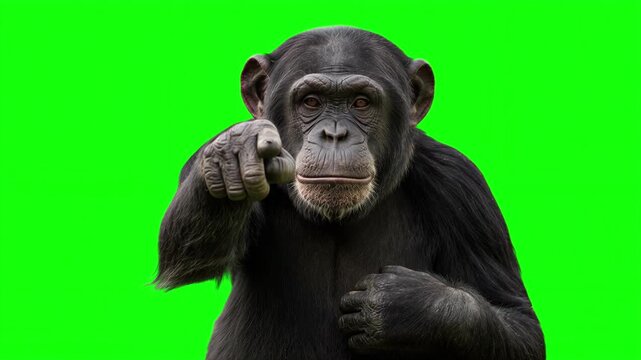 Realistic chimpanzee pointing at viewer and explaining, direct teaching and important advice concept isolated on chroma key green screen background. 3D.
