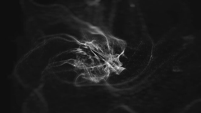 Ethereal white particles form a spectral jellyfish shape floating through a dark void in a mysterious 3D rendering for cinematic title sequences