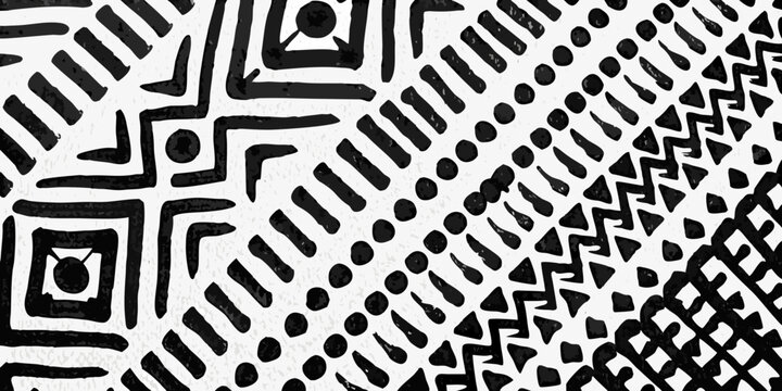 Geometric pattern with repeating lines and shapes black and white