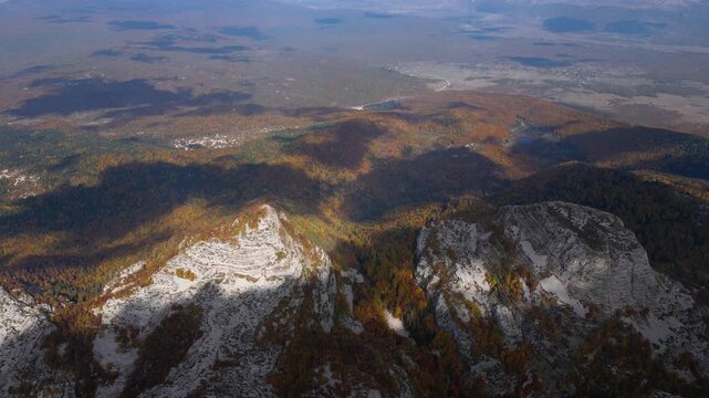 Drone Aerial View of Autumn Landscape with Colorful Trees and Vibrant Fall Foliage