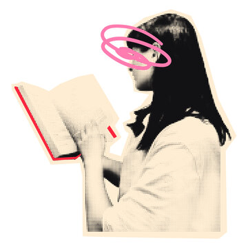 Halftone woman reading a book with abstract doodle halo. Vintage collage vector illustration, education, literature, knowledge, student and study concept. Cut out sticker on transparent background