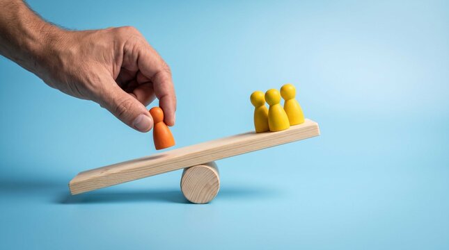 Businessman hand places minority orange figure on seesaw against majority yellow group, symbolizing balance and diversity