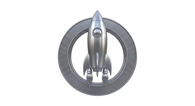 A silver rocket ship inside a circular metallic frame, isolated on a white background, representing space exploration and innovation