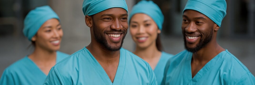 Surgical team conversing in hospital lobby during shift change