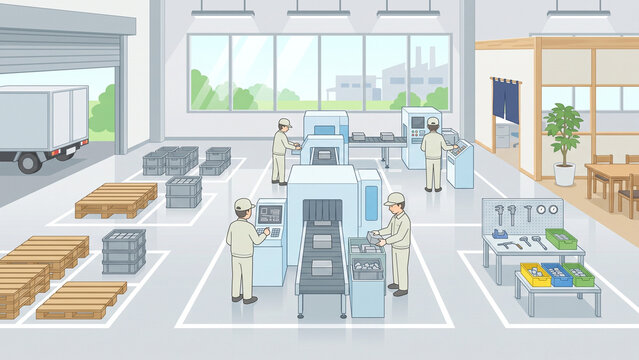 Factory floor production line with workers operating industrial machinery and equipment