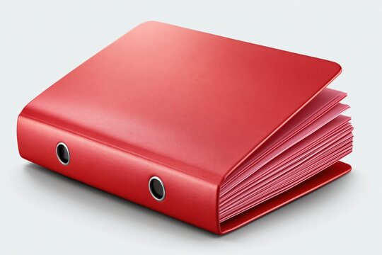 Red binder partially open with pink paper inserts on white backdrop