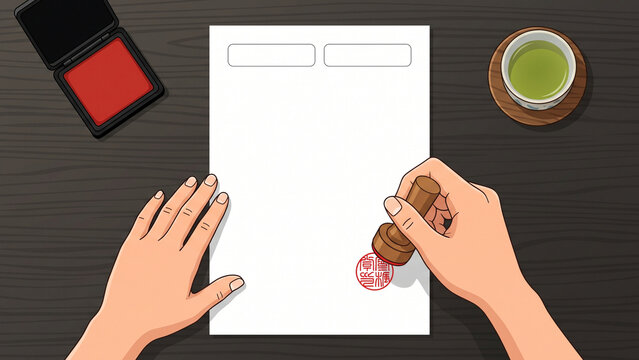 Artist stamping red seal on blank paper with green tea and ink pad on wooden desk