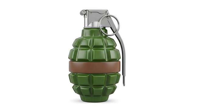 A realistic green military hand grenade with a metal pin and safety lever, isolated on a white background, for war, defense, and concepts