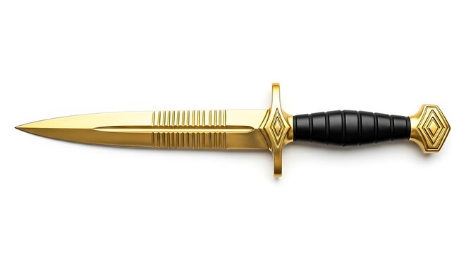 A sharp military style dagger with a polished gold blade and a textured black grip, isolated on a white background, for collection