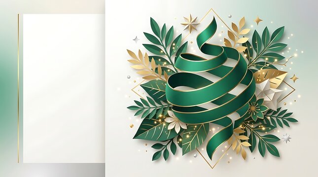 Elegant green ribbon curled with autumn leaves and floral decorations for festive seasonal design and creative holiday greeting