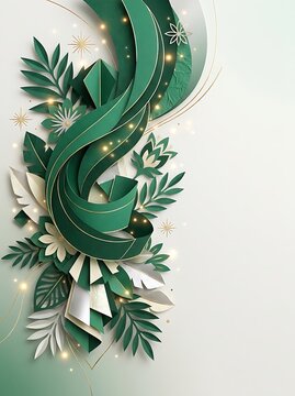 Abstract green leaves and flowers composition with flowing ribbons and glowing light particles for elegant nature design background