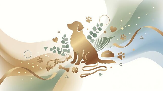 Cute golden retriever dog sitting calmly with pet accessories like a leash and bowl in a modern flat artistic style illustration