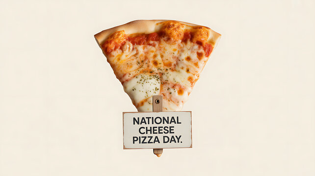 A slice of cheese pizza with a sign reading 'National Cheese Pizza Day' attached to it.