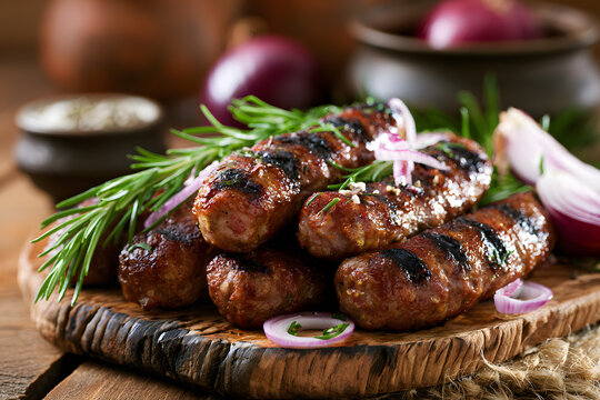 Grilled kebapche sausages with onions and herbs on wooden board
