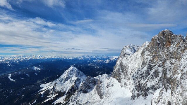 Snowy Dachstein Alps landscape background with clear blue sky in Styria, Austria