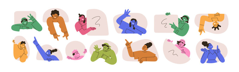People peeking and looking out, set. Happy smiling curious characters waving hi with hand, presenting, showing gestures, pointing with finger. Flat vector illustrations isolated on white background