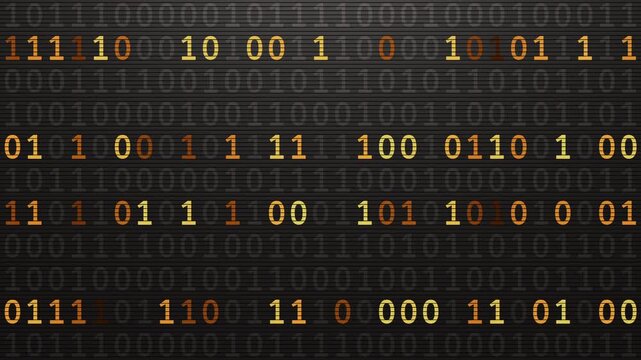 Looped 3D animation of warm orange binary code rows on a dark digital screen, abstract data pattern for programming, cybersecurity, software and technology backgrounds.
