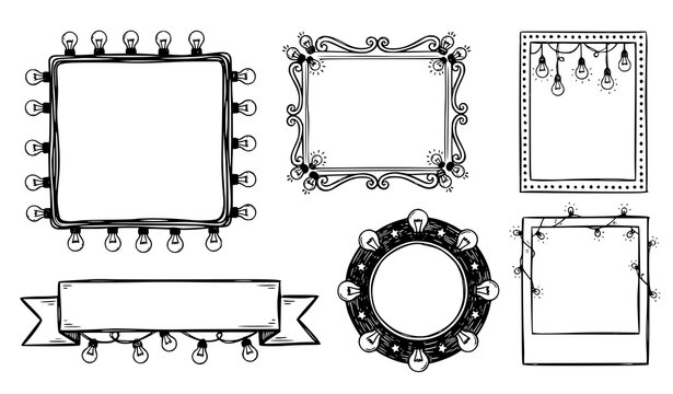 A set of six black and white vector graphic frames and banners with light bulbs