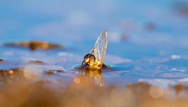 Delicate mayfly insect emerges from its nymphal skin in shallow water