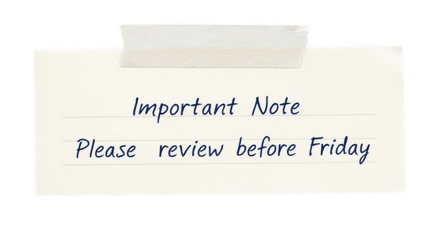 Handwritten important note with review deadline on lined paper attached with tape isolated on transparent background
