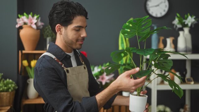 Man florist in apron carefully holds a potted monstera plant and touches a leaf while inspecting growth in studio; calm care.