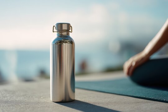 Metal water bottle standing on concrete ground near woman sitting on yoga mat. Reusable steel bottle for hydration. Sustainable lifestyle and healthy living with eco friendly concept.
