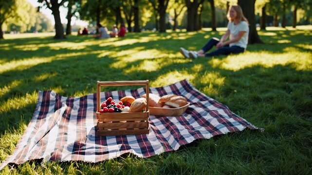 Sunlit Picnic Blanket With Basket And Bread Rolls On Green Grass, Wooden Crate Of Berries, Woman Seated Reading Book In Background Under Trees, Warm Dappled Light, Relaxed Summer Afternoon