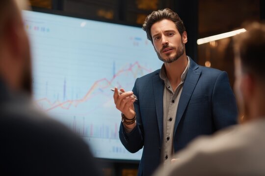 Businessman presenting financial growth chart on screen to team in meeting room. Corporate professional leading strategy discussion with data visualization. Success, leadership and finance.