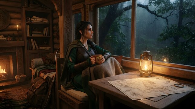 Cinematic fantasy artwork of a weary Elven traveler resting inside a cozy treehouse cabin, with a magical lantern and map on the table during a soft rain