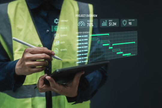 Construction project control concept worker using stylus on digital hologram dashboard master schedule gantt chart budget progress and safety score for industrial overview management architecture