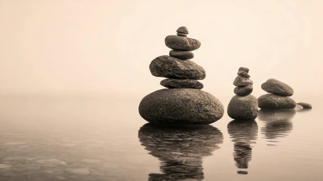 Rock stacks forming a tower by the water with reflections.