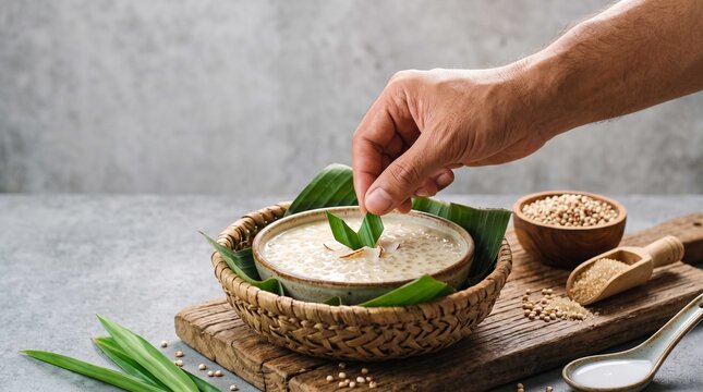 Traditional sago pearl porridge served in folded banana leaf, symbolizing rustic Asian dessert heritage and natural comfort food culture