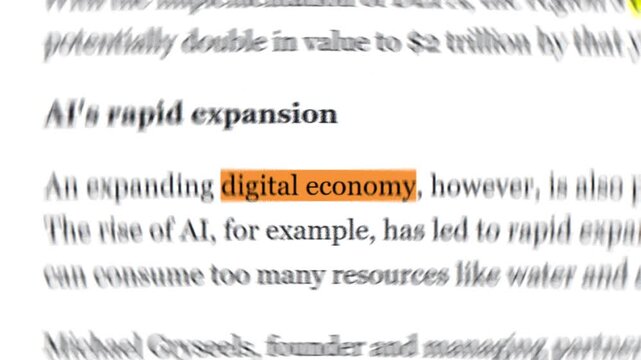 Looping footage of the word "Digital Economy" with match cut and blur effect. Exploring the transformative impact of artificial intelligence on the global digital economy and its rapid expansion