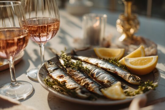 Grilled sardines served on plate with lemon slice and glass of rose wine. Mediterranean dinner table setting for romantic evening in restaurant. Gourmet seafood dish for gourmet food.